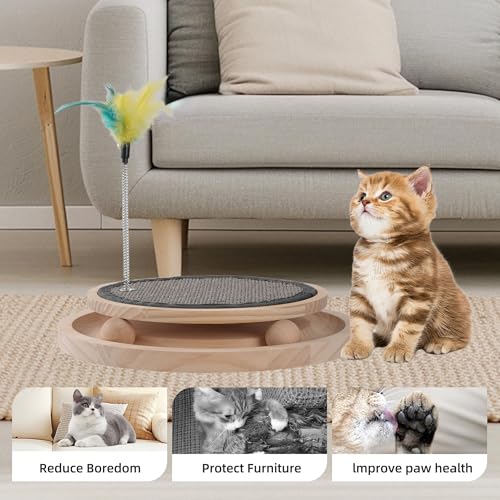 Natural Sisal Round Cat Scratcher with Ball Track Toy - color: Gold