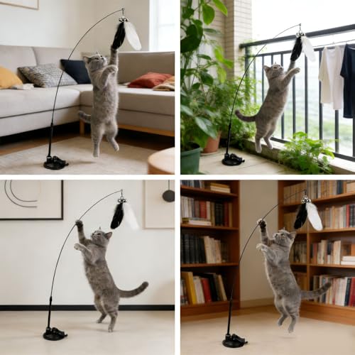 Suction Cup Cat Teaser Wand - Interactive Feather & Bell Toy for Indoor Cats, Self-Play Fixed Design, Scratch-Resistant to Relieve Boredom