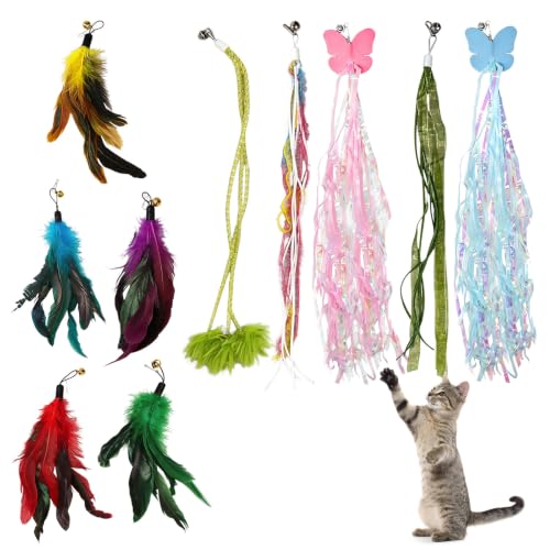 Cat Wand Refills, Interactive Cat Toys Replacement with Feather, Worm, Ribbon, Caterpillar, Butterfly Attachments, Retractable Cat Teaser Wand Refill (Feather+String 10 Pack) - color: Feather+String 10 Pack