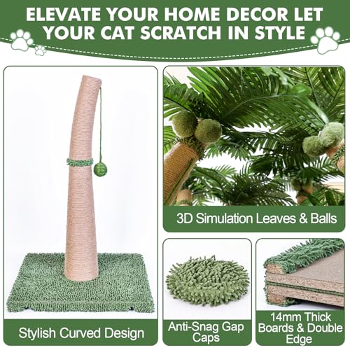 Palm Tree Cat Scratching Post, 36'' Cat Scratcher Post with Natural Sisal Rope, 3 Interactive Balls and Curved Design Scratching Posts for Indoor Cats Adults and Kittens, Multi-Combinable (Style B) - size: Style B