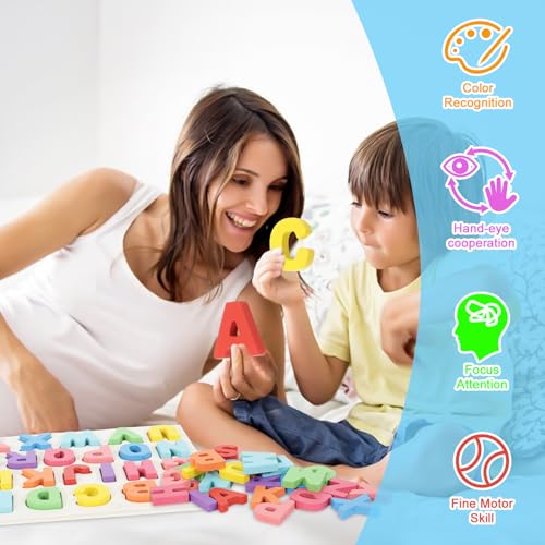 Kairsya Alphabet Puzzle Wooden Puzzles for Toddlers Alphabet Learning Puzzles Toys with Wood Letters Montessori Wooden ABC Learning Toys for Toddlers 1-5 | Preschool Educational Gift for Kids - style: Alphabet Puzzle