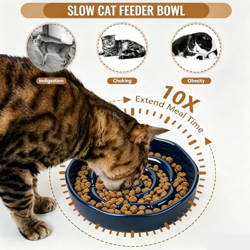Slow Feeder Cat Bowl Set of 2, Ceramic Slow Feeding Cats Bowl Whisker Friendly, Anti Vomiting Cat Feeder for Dry and Wet Food，Fun Maze Interactive Bloat Stop Puzzle Bowls for Healthy Eating Diet - color: Navy blue