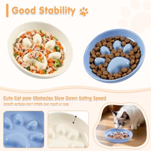 Cat Slow Feeder Bowl Set,2 Pcs Pastel Series Cat Plate for Dry and Wet Food - color: Cat's Paw-A