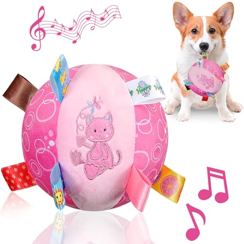 Letalong Dog Squeaky Plush Toy with Straps, 6-Inch Soft Stuffed Ball with Cotton Material and Bell Built-in, Pet Interactive Fetch Toy for Small to Large Dog - color: Pink