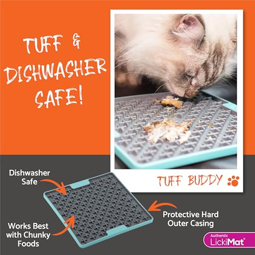 LickiMat Tuff Cat, Heavy-Duty Buddy, Cat Slow Feeder Lick Mat, Boredom Anxiety Reducer; for Food, Treats, Yogurt, or Peanut Butter. Fun Alternative to a Slow Feed Bowl or Dish, Turquoise