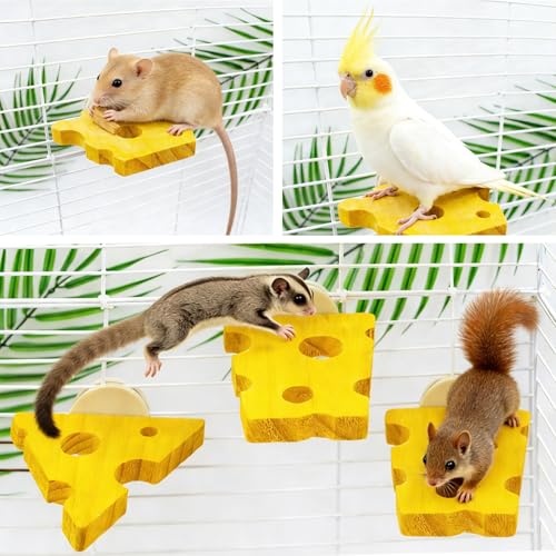 3 Pack Cheese-Themed Wooden Climbing Platforms with Mounting Kit - Multi-Level Cage Accessories for Sugar Gliders, Rats, Squirrels & Small Climbers