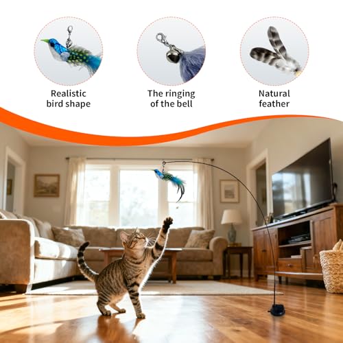 Interactive cat Feather Toy, Fishing Rod Feather Toy, Replaces Simulated Bird Feathers, Reinforced Suction Cup, Suitable for Indoor use.