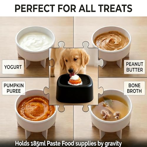 Slow Feeder Dog Bowl for Liquid & Wet Food with Rolling Ball - color: Black+White Ball