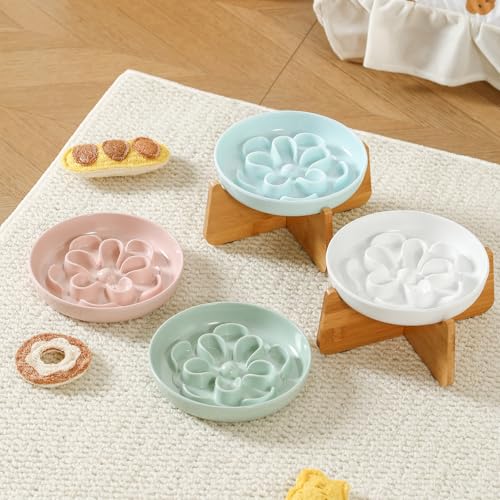 PTOBER Elevated Slow Feeder Cat Bowl - Melamine Cat Dish with Anti-Slip Bamboo Stand - Whisker Friendly Feeding Bowl - Floral Maze Food Plate for Slow Eating - White - color: White