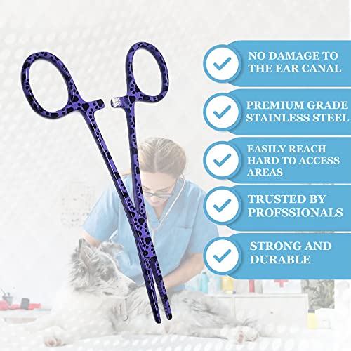 Dog Pet Ear/Nose Hair Puller Grooming Hemostat Locking Forceps Pliers, 5.5" (14cm), Straight (Purple Paws) - color: Purple Paws