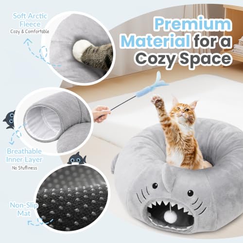 Baseola Fuzzy Cat Tunnel Bed for Indoor Cats, 2-in-1 Interactive Cat Toys - color: Grey Shark