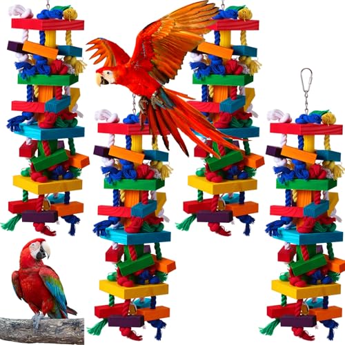 Soulchen 4 Pcs Extra Large Bird Parrot Toy Set, Natural Wooden Chewing Toy - style: Colorful Ring