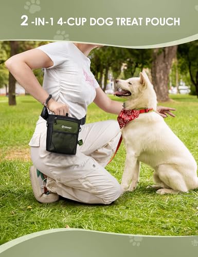 Gobeigo 4 Cup Dog Treat Pouch with Silicone Insert Bag& Clicker(Army Green) - color: Army Green