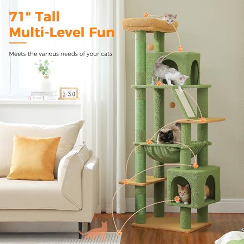 71" Cat Tree for Indoor Cats,Multi-Level Cat Tower with Large Hammock - color: Green, size: 71 Inches
