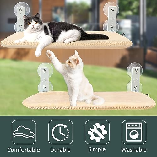 Sunhoo Cat Window Hammock Perch Cordless Perches Window Sill Seat Bed Foldable Stable Lounger Upgraded Suction Cup Easy Assembly Indoor Cats Kitty Shelf Hold Up to 55lbs (Beige, M) - color: beige, size: M