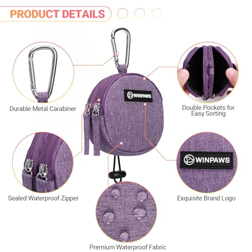 Dog Poop Bag Holder for Leashes- Dog Treat Pouch with Waterproof Zipper,Puppy Training Small Bag with Carabiner & Bungee Toggle,Two Pockets for Dry or Wet Treats-Pet Travel Walking Essentials (Purple) - color: Purple
