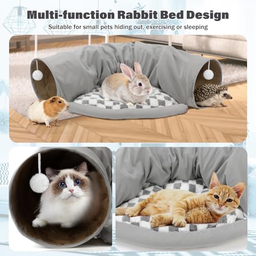 BWOGUE Bunny Tunnel Bed, 2-in-1 Rabbit Tunnel Hideout with Mat, Gray - color: Gray