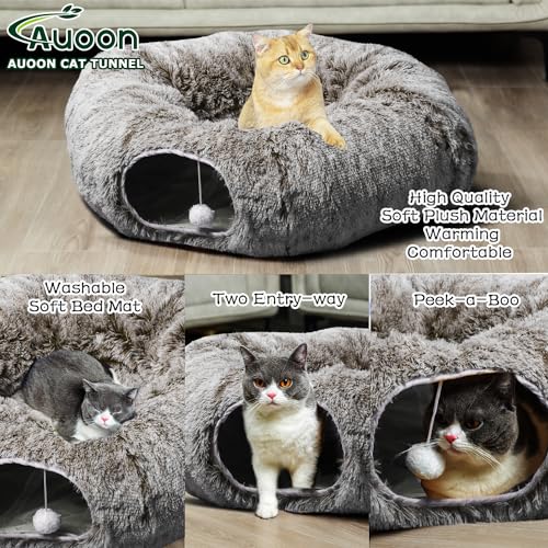 AUOON Plush Cat Tunnel Bed for Indoor Cats, 36" L x 36" W x 11.5" H, Brown - color: Brown