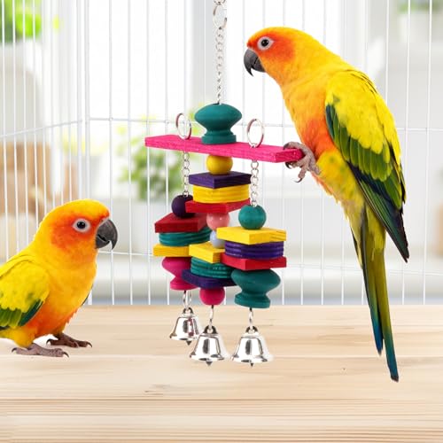 Hypeety Wooden Blocks Bird Chew Toys Natural Hanging Chewing Toy with Bells - color: Wooden Hanging Swing