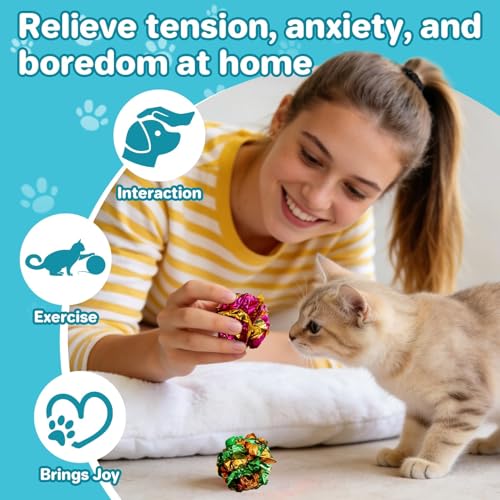 RAINFLOW 10 Pcs Multicolor Crinkle Balls for Cats - Mylar Cat Toy Balls