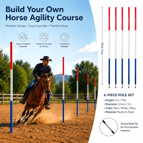 6 Pcs Pole Bending Poles for Horses, 6.6FT 2-in-1 Convertible Equestrian Training Equipment, Agility Poles for Horses, Dogs & Soccer Training