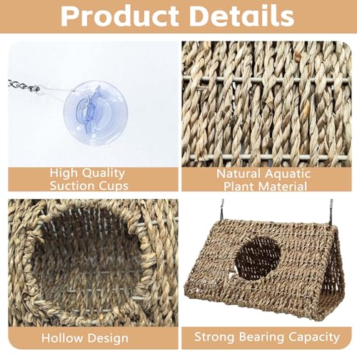 Hanging Reptile Hide Cave,Natural Seagrass Fiber Bearded Dragon Hammock Hideout,Reptile Shelter Sleeping Cave Swing Climbing Toys Terrarium Decor for Lizard Gecko Hermit Crabs(Triangle L) - size: Triangle L:9.84*7.09*5.91"