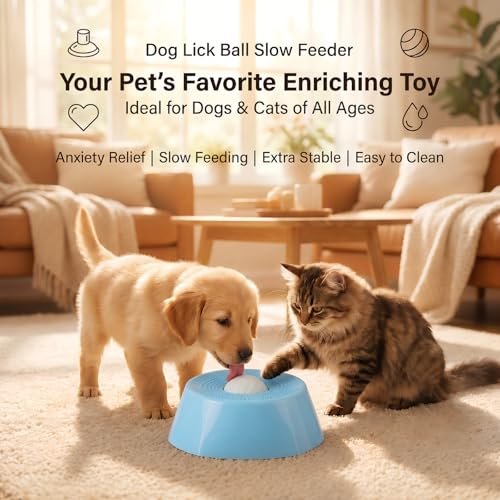 Dog Lick Ball Slow Feeder, Rolling Sphere Interactive Pet Toy with Suction Cups, Calming Slow Feeding Bowl for Liquid Treats & Peanut Butter, Anxiety Relief Licking Toy for Dogs & Cats（Blue - color: Blue-B