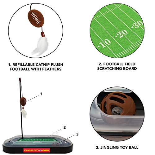 Pets First Cat Plush Toy KANSAS CITY CHIEFS FOOTBALL FIELD CAT SCRATCHER TOY with CATNIP Filled Plush FOOTBALL Toy & Feather Cat Toy hanging, Jingle Bell INTERACTIVE BALL Cat Chasing 5-in-1 KITTY Toy - color: Kansas City Chiefs, size: One Size