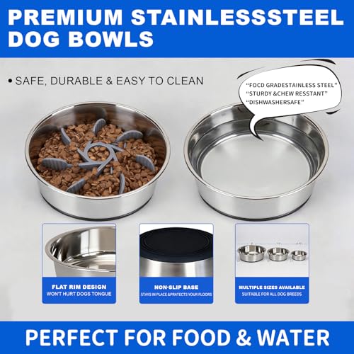 Set of 2 Pack Stainless Steel Dog Bowls & 1x Slow Feeder Insert, 32oz/4 Cups Non Slip Dog Metal Food Bowl & Water Bowl with Rubber Bottom (M Size for Small Medium Dogs) Dishwasher Safe