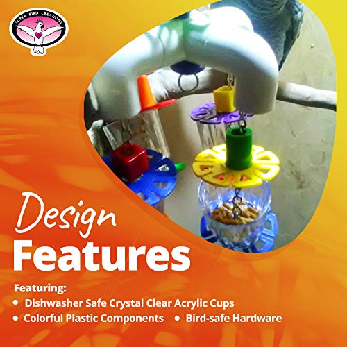 Super Bird Creations SB634 4 Way Forager Bird Toy with Clear Acrylic Cups, Medium to Large Bird Size, 12” x 7” x 7”