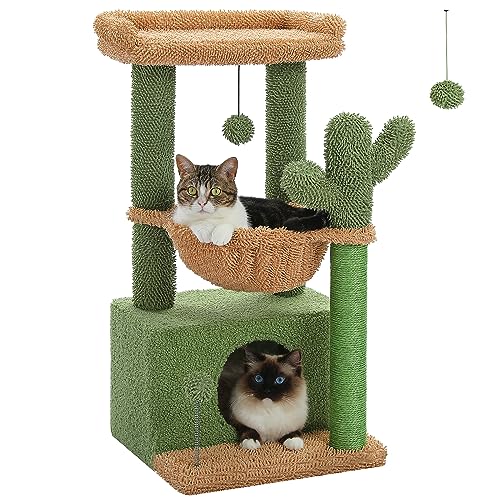 PEQULTI 4-in-1 Cactus Cat Tree for Kittens & Small Cats, 33in Green Tower - color: Green, size: L(15.8"L x 15.8"W x 33"H)