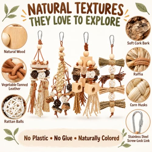 4 Pack Natural Bird Toys for Parrots, Parakeets & Cockatiels - Wood, Cork Bark, Raffia & Corn Husk Chew Set - Foraging Shredding Toys for Budgies, Conures, Lovebirds & Small Birds