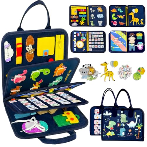 Qizfun Toddler Busy Board Montessori Toys – Sensory Busy Book, Educational Learning Travel Toy for Airplane & Car, Keeps Toddlers Entertained, Birthday Gifts for Toddler Boys Girls (Blue/P8) - style: Blue Dino/P8