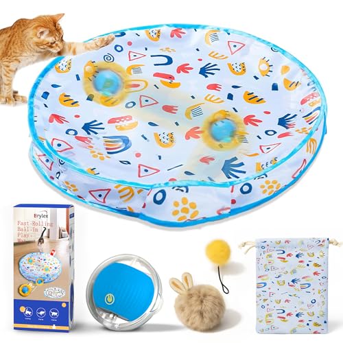 Brylex Interactive Cat Toys, Motion-Activated Rolling Ball with Play Mat, Automatic Hide-and-Seek Game, Fast & Slow Modes, USB Rechargeable Cat Enrichment Toy, 28" Play Mat - color: White Grain