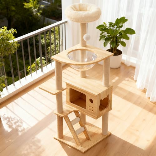 Wood Cat Tree Tower with Clear Bubble Window, Multi-Level Cat Condo with Scratching Posts, Ladder Top Perch Bed & Hanging Ball Toy, Indoor Activity Cat Furniture for Kittens Large Cats - color: （1）Natural+White + MDF