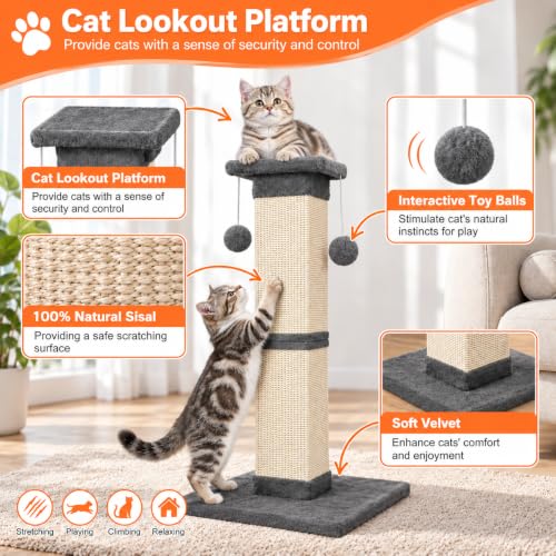 Cat Scratching Post 33 Inch Nature Sisal Scratch Post for Indoor Cats, Large Cat Scratcher Protect Your Furniture, for All Breeds Grey - color: Grey