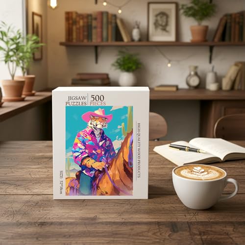 Cowgirl Tiger Animal Jigsaw Puzzle - 500 Pieces Wooden Puzzle for Adults, Wall Art Gift, Finished Size: 20 x 15 Inch - color: Cowgirl Tiger - 500 Pieces