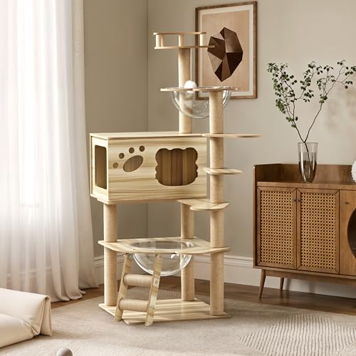 EUREKA ERGONOMIC Cat Tree Large 52 Inch, Wooden Cat Tower Multi-Level Cat Tree Tower for Indoor Cats Large Adult with Scratching Post, House, Pompoms, Cat Stand with Scratch Pad (Yellow) - size: CT02
