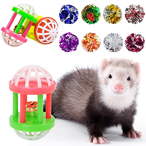 11 Pack Ferret Toys Set Mylar Crinkle Balls Hollow Sound Toy with Bell Interactive Exercise Scratch Play Chasing Toys for Indoor Pet Ferret Cat Kittens