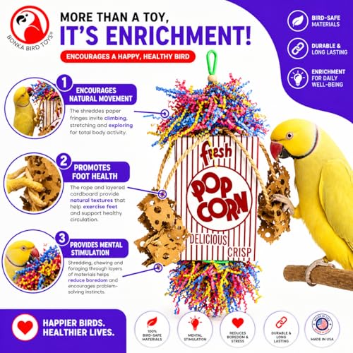 Bonka Bird Toys Popcorn Explosion Bird Toy 15" x 6" Foraging Shredding Toy for Small to Medium Birds Parakeets Cockatiels Conures Natural Paper Cardboard Hanging Cage Toy (Pack of 2) - size: Pack of 2