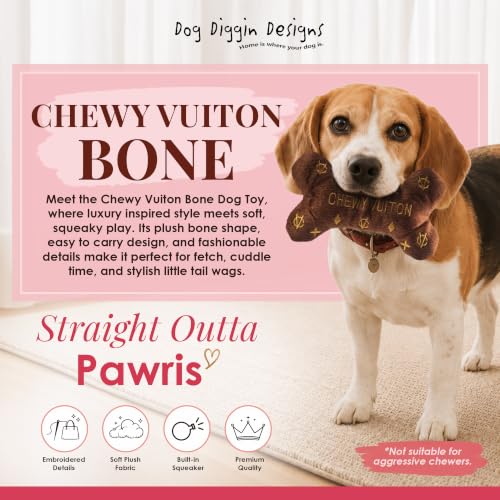 Dog Diggin Designs Chewy Vuiton Plush Dog Toy Bone | Luxury-Inspired Parody Designer Bone with Squeaker, Soft Plush Chew & Play Dog Toy – Prêt-à-Porter Play! - color: Brown Bone, size: Large