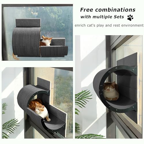 Cat Window Perch with Scratching Bed,Versatile Climbing Shelves Mounted by Strong Suction Cups, Solid Metal Frame and Anti-Slip Felt for Hide,Nap and Sunbath, Glass Protection Design(Grey) - color: Grey