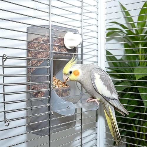 AOTU Automatic No Mess Bird Feeder for Cage - Crack-Resistant Plastic Bird Cage Seed Catcher Clear Bird Cage Feeder for Small Medium Birds Parrots Cockatiels Parakeets Conures Canaries (Light Gray) - color: Light Gray