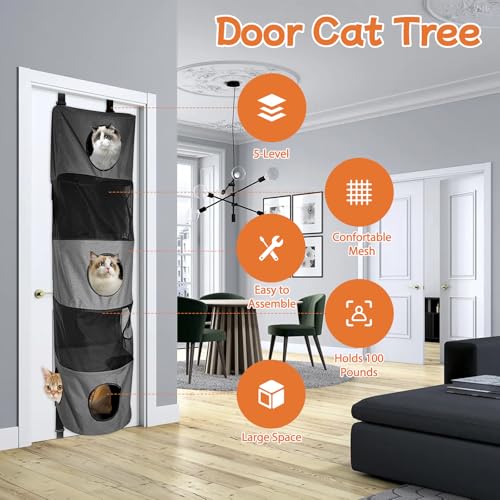 Homegroove 5-Level Door Cat Tree, Space Saving Door Hanging Cat Shelf, Multi-Level Polyester Hanging Cat Tree for Multi-Cats Family, Collapsible, Tool-Free Assembly, Fits Doors <80" (Grey, 5-Level)