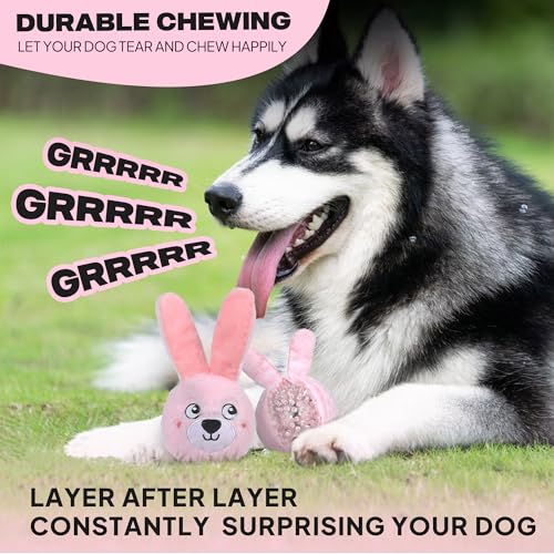 Fida Squeaky Dog Toys for Aggressive Chewers, 3 in 1, Tough Dog Ball - color: Pink Bunny