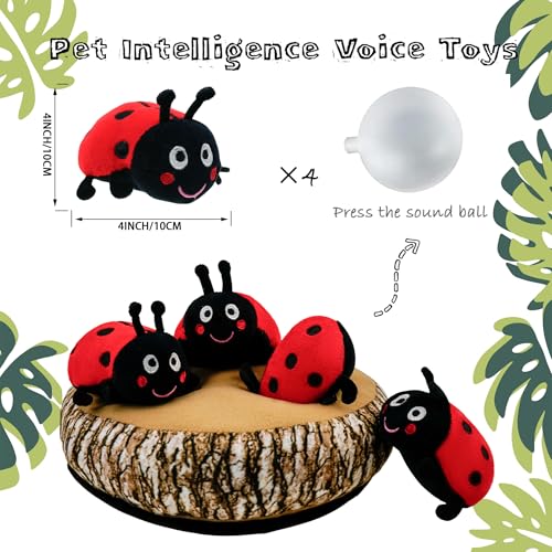 Hide and Seek Dog Toys, Multi-Purpose Interactive Squeaky Toys with Detachable Non-Slip Base, Treat Dispensing & Flying Disc Fetch, Enrichment Toys for Small Medium Large Dogs - color: Trunk Hideout with 4 Ladybirds