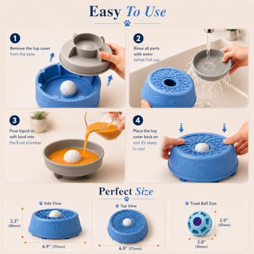 Dog Licking Bowl with Rolling Ball, Anti-Slip Slow Feeder (Blue) - color: Blue