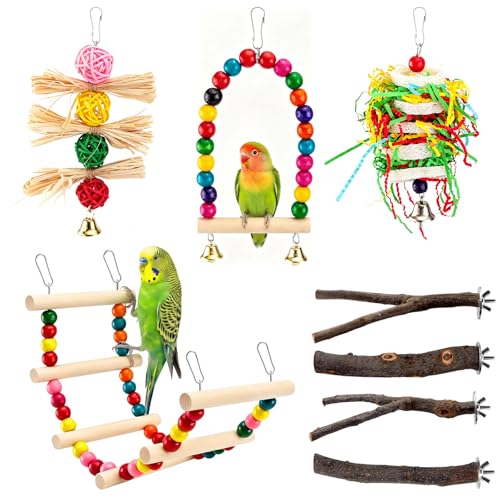 8 Pcs Natural Wood Bird Toys & Perches Set for Cages - size: Bird Toys & Perches Set