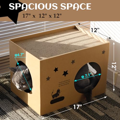 Cat Cardboard House with 2 PCS Scratching Pads，Large Cat Scratcher Bed Cat Scratchers Lounge for Indoor Cats with Corrugated Board Detachable Cat Scratcher Box for Cats(Star) - size: Wood-Star