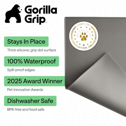 GORILLA GRIP Dog Food Mat, 100% Waterproof Silicone, 26x17 Gray - color: Gray, size: 26"l X 17"w